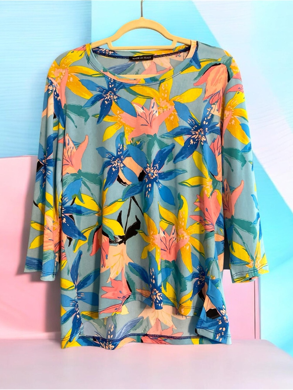 Made in Italy Floral Scoop Neck Long Sleeve Top Blue Multi Tropical XL